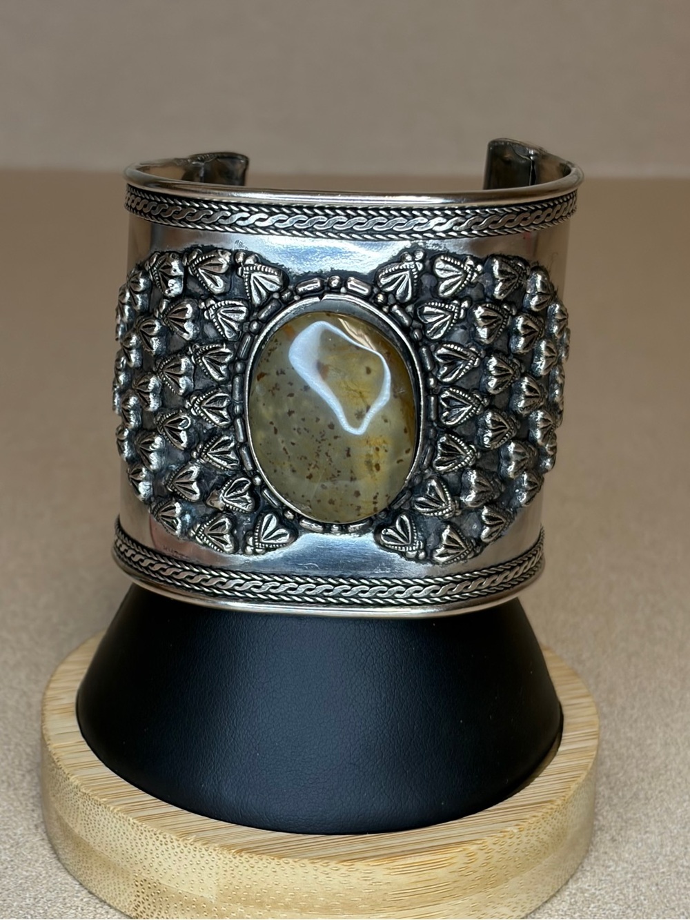 Made in India Silver Plated Cuff Intricate Floral Design Natural Stone